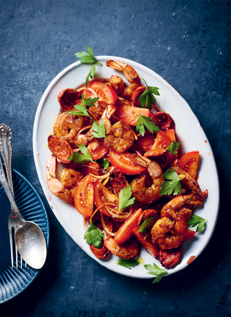 Photograph of the prawn and chorizo salad with tomato recipe from The Fishmonger's Son by Anthony Yotis & Laura di Florio Yotis