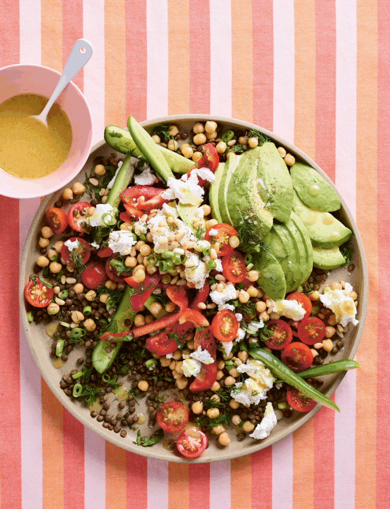 Lentils, Chickpeas & Avocado with Goats Cheese Salad recipe from Family Food by Sarah Pound